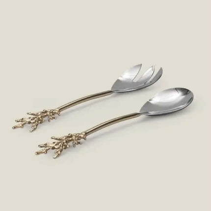 Brass & Stainless Steel Eco-Friendly Salad Server Set With Mirror Polished Finish Classic Engraved Patterns Dishwasher Safe