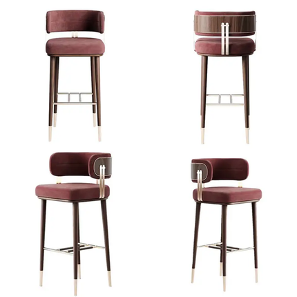 Luxury moderno simple wooden bar stool red velvet high chair metal feet cover for home kitchen island cafe