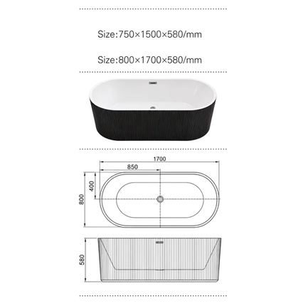 Freestanding Soaking Bathtub with Ribbed Fluted Vertical Pattern for Luxury Hotel Project 1700mm Two Tone Black Acrylic Oval