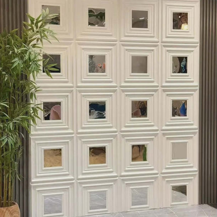 Elegant White 3D Wall Panel with Square Mirror Insets for Modern Interior Accent Wall
