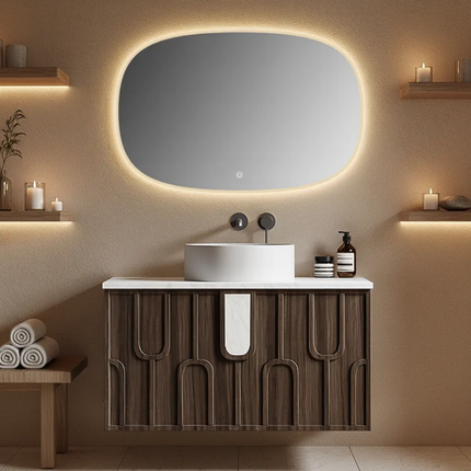 Modern Walnut Wood Carved Floating Bathroom Vanity – With Oval LED Backlit Smart Mirror