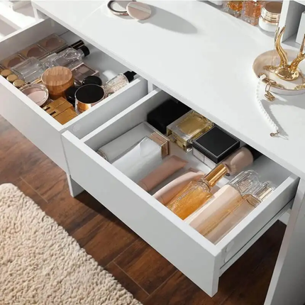 White Modern Standing Panel Assembled Lighted Mirror Wood Dressing Table 1 Piece Makeup Bedside Desk Dresser For Bedroom