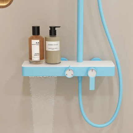 Candy Purple Brass Shower System – Features Waterfall Flow, High-Pressure Shower Head, Adjustable Slide Bar, and Multi-Functional Storage Rack for Convenience