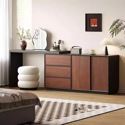 Solid Wood Walnut Color Dresser With LED Lighted Mirror Extendable Makeup Vanities For Bedroom Furniture For Apartments
