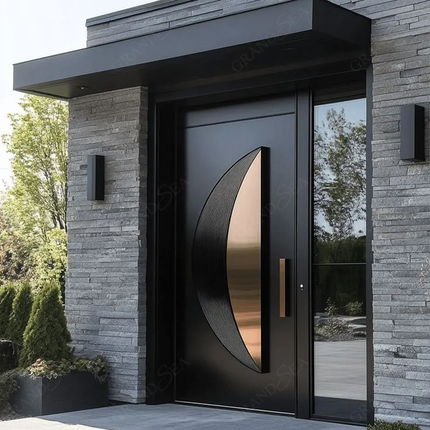 Luxury Hight-End American Modern Exterior Stainless Steel Front Entrance Door 3D Brown Solid Wood Entry Pivot Door For Houses