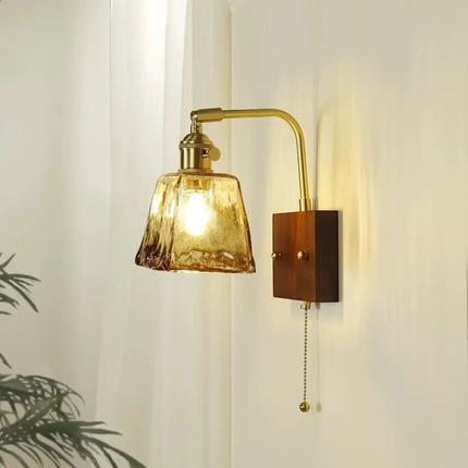 Medieval Style LED Iron Frame Glass Bell Shade Wall Lamp For Living Room and Corridor Pull-Chain Control