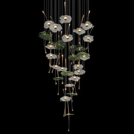 luxury High Ceiling Lotus Leaf Art Glass Chandelier Pendant Light for Villa Stairwell & Lobby