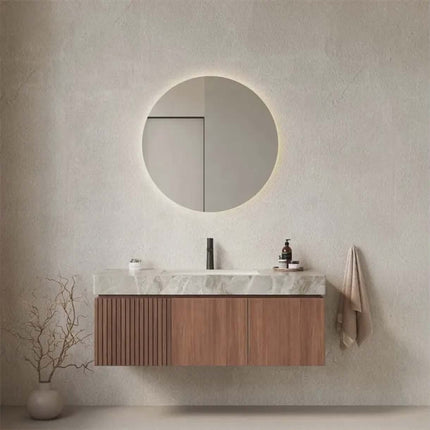 On-Trend Slat Style Bathroom Vanity – Custom Wood Veneer Cabinet, Integrated Sink, Custom Colors Available