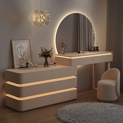 New Luxury Integrated Makeup Table Storage Cabinet Modern Design Extendable LED Lighted Bedroom Pine Wood MDF Panel