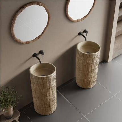 SDAYI Modern Designer Acrylic Pedestal Sink Surface Bathroom Wash Basin Colorful Artificial Stones Wood Grain Finish