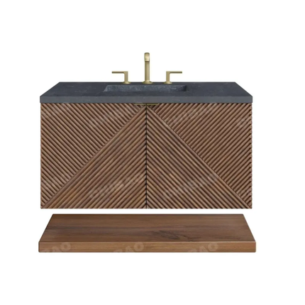 Modern custom double‑sink vanity, carved shaker wood, smart mirror, and towel storage included.