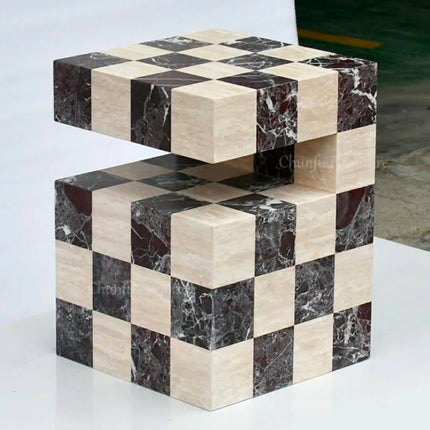 Modern Scandinavian Checkerboard Marble Coffee Table Geometric Sculptural Luxury Natural Stone Accent Piece For Living Room