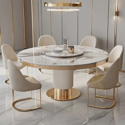 Designer Luxury Round Dinning Room Marble Rock Slab Dining Table Set 4 6 Chairs Mesa De Comedor Marbre Stainless Steel Gold Base