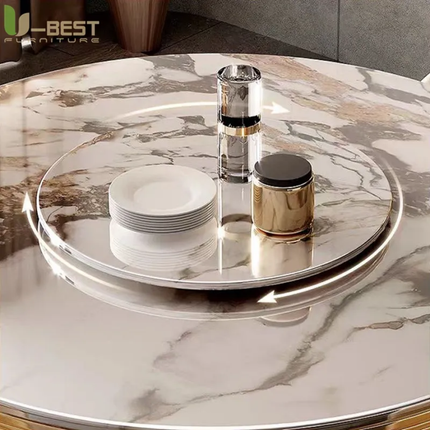 Designer Luxury Round Dinning Room Marble Rock Slab Dining Table Set 4 6 Chairs Mesa De Comedor Marbre Stainless Steel Gold Base