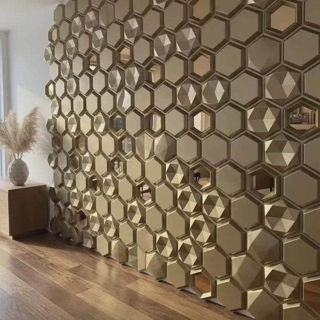 Luxury Gold Hexagon 3D Wall Panels – Geometric Mirror Accent Wall Decor, Modern Honeycomb Design for Living Room Interior