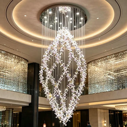 Customized Modern Crystal Chandeliers Luxury Large Flower LED Chandelier For Living Room Hotel High Ceilings Long Chandelier