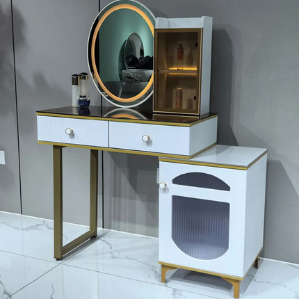 Contemporary Luxury Eco- Friendly  Durable Dressing Table Gold -Trim Makeup Vanity Fluted Drawers LED Light-Up Mirror Ribbed  Glass