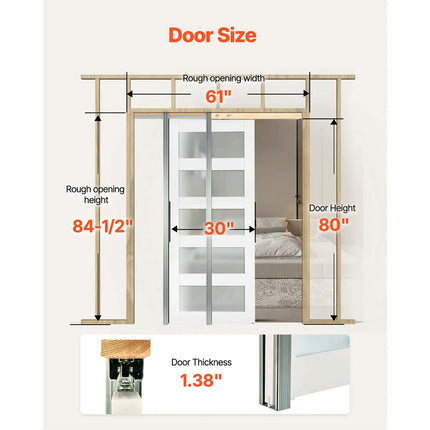 Siding Pocket Door 30x80 In 5-Lite Frosted Glass Solid Wood Interior Bedroom Door Contemporary Design
