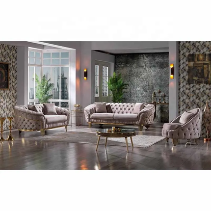 Contemporary 3-Seater Chesterfield Loveseat Set Fabric Button Sectional Sofa Metal Frame