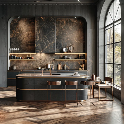 Kitchen Cabinets Dark Luxury Wood Veneer Modern Style with Marble Waterfall Island Modular Kitchen Unit Set Dining LED Lighting