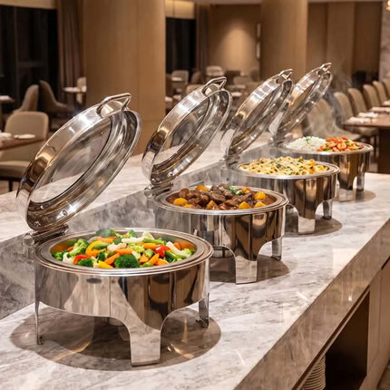 Commercial Table Top Stainless Steel Round Buffet Food Warmer-Alcohol/Electric Heating For Restaurant & Canteen