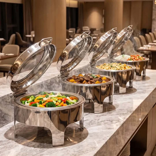 Commercial Table Top Stainless Steel Round Buffet Food Warmer-Alcohol/Electric Heating For Restaurant & Canteen