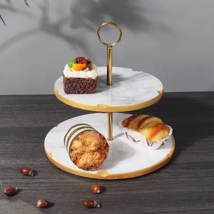 2-Tier Gold Rims Marble Tray For Food Service Cake Stand Dessert Pastry Display Afternoon Tea Party a Premium Cake Tools