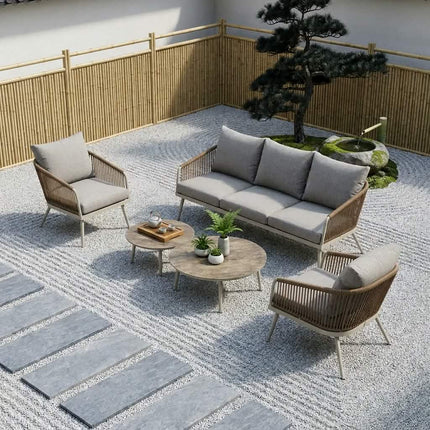 4-Piece Rope Woven Modern Outdoor Conversation Set Cream Anti-Rust Aluminum Frame Nesting Coffee Table Textured Grey Sofa Garden