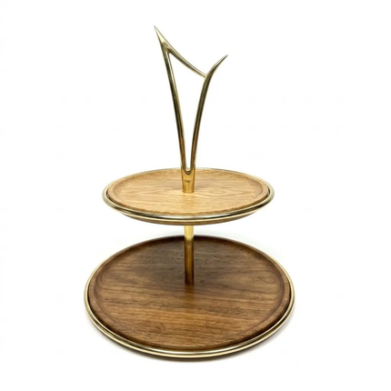 Luxury 2-Tier Wooden Cake Stand With Gold Brass Floral Branch Frame Elegant Rustic Mango Wood Cupcake Display & Serving Tray
