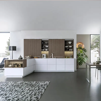 CBMmart Luxury Melamine Wood Veneer Grain Quartz Kitchen Cabinets Island Table With Sink