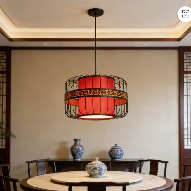 Oriental Red Pendant Light – Chinese Style Hanging Lamp with Black Metal Frame for Dining Room, Tea Room & Traditional Home Decor