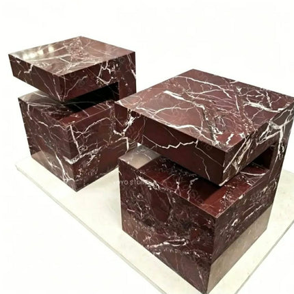 Modern Natural Rosso Levanto Marble Square Side Table Solid Stone NightStsnd For Living Room Bedroom