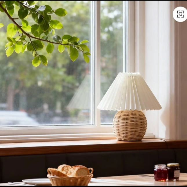 Scandinavian Rattan Table Lamp with Pleated Shade – Modern Boho Bedside Lighting for Cozy Home Decor