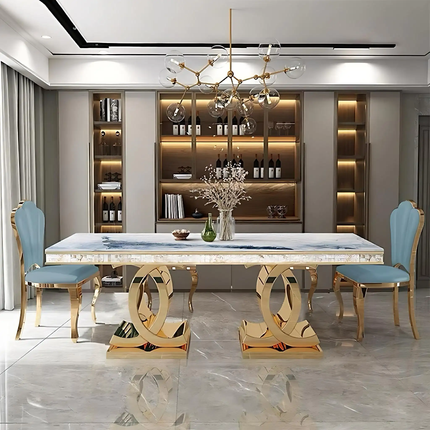 Luxury Gold Stainless Steel Frame Dining Table Set 6 Seater Rectangular Marble Top Modern Dining Table for Home Hotel