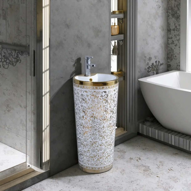 Luxury Modern Royal Design Bathroom Ceramic One-Piece Orange Flower Pattern Pedestal Basin Single-Hole Faucet Mount CORONIS 9L