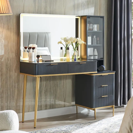 Modern 36\" HD Lighted Mirror Makeup Vanity Desk 48\" Big Mirror 5 Drawers Shelves Glass Top White Bedroom Dressing LED Feature