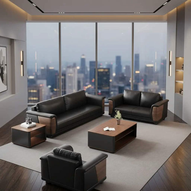 Office Sofa Coffee Table Set Simple Modern Genuine Leather Wooden Frame High Elastic Foam Sponge Business Executive Reception