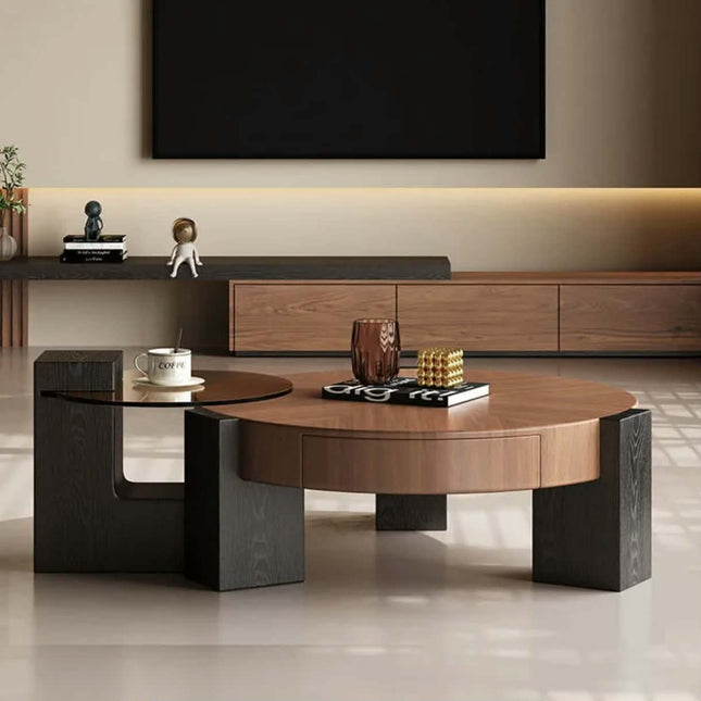 Italian-Style Minimalist Light-Luxury High-End Vintage-Design Round Walnut-Colored Coffee Table;Home Furniture