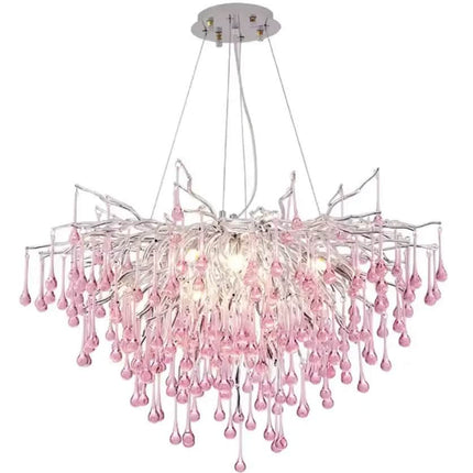 Round Tree Twig Branch Modern Farmhouse Accent Dining Table Living Room Pink Crystal Chandelier Pendant Lighting Fixture