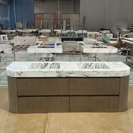 Foshan light luxury natural marble integrated basin bathroom cabinet custom toilet floor standing solid wood paint bathroom