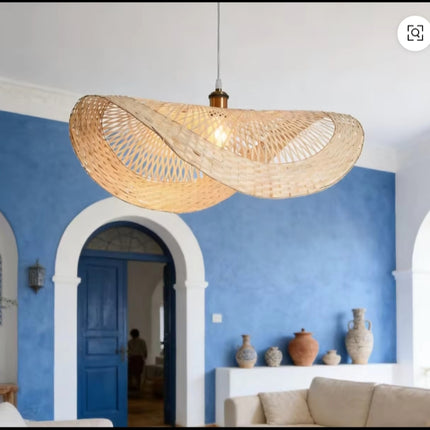 Boho Woven Rattan Pendant Light – Artistic Ceiling Hanging Lamp for Living Room, Natural Bamboo Chandelier Lighting Fixture