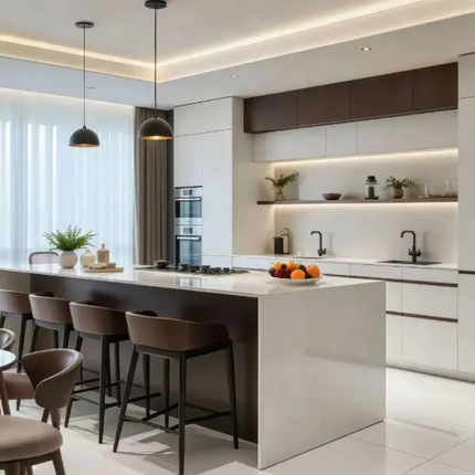 Modern L-Shaped White Kitchen Cabinet Set With Open Shelving