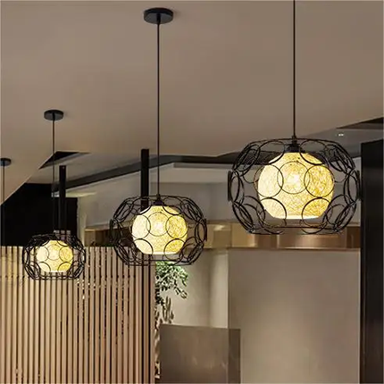 Fashion Creative Rattan Living Room Background Wall Chandelier Practical Iron Restaurant Bar E27 Pendant Light