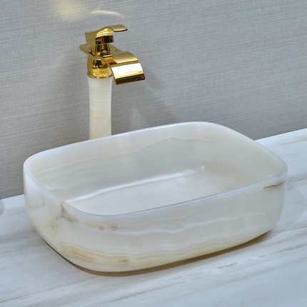 Luxury Rectangle White Onyx Stone Wash Basin Sink Modern Natural Stone Marble Sink Bathroom Vanity Countertop Art Vessel Sink