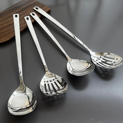 High Quality 304 Stainless Steel Long Handled Large Spoon Metal Public Filter Spoon For Party Hotel Buffet Use