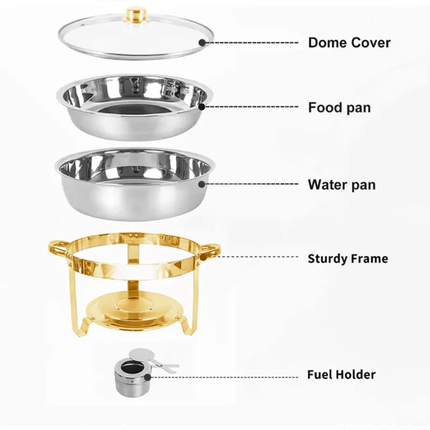 4.5L Half Gold Stainless Steel Chafing Dish Buffet Stove Hotel Warming Stove Round Alcohol Stove Food Heater