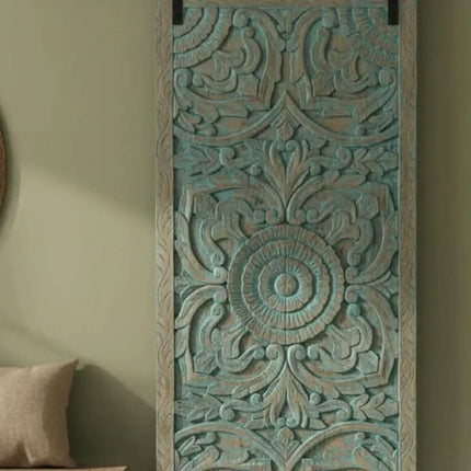 Rustic Antique Teal Carved Wood Sliding Barn Door Handcrafted Mandala Floral Interior Entryway