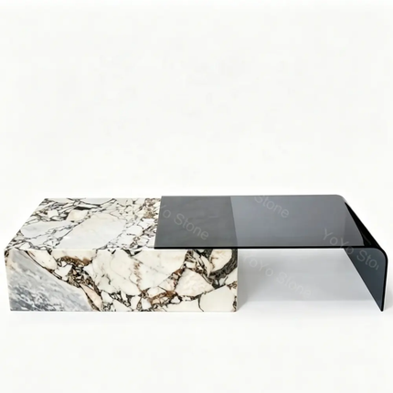 Architectural marble coffee table white and gray natural stone glasses H30 Low nesting center table for luxury living room villa