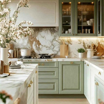 Luxury Sage Green French Kitchen Cabinet Set Oak Wood Kitchen Cabinet Gold Hardware Marble Countertops Glass Display Cabinets