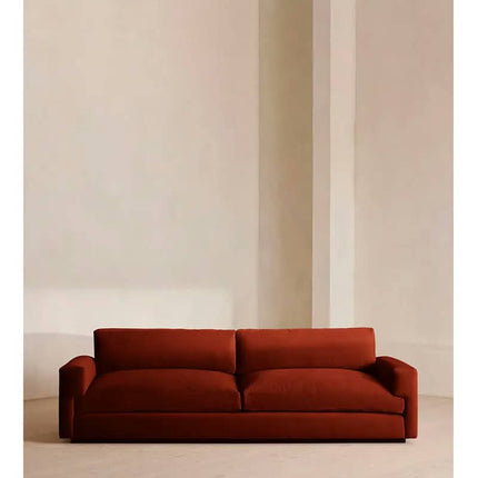 Rust Red Velvet Wide Recessed Square Arm Low Floating Base Modern Indoor Two Seater Sofa